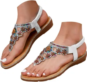 Eduavar Womens Sandals Summer Beach Elastic Ankle Strap Jeweled Bohemian Shoes Casual Dressy Walking Flats Thong Sandals