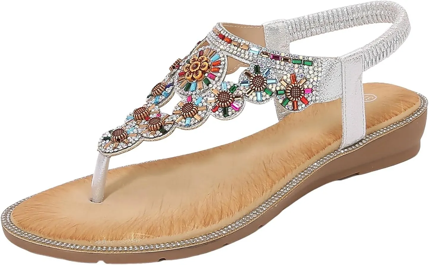 Eduavar Womens Sandals Summer Beach Elastic Ankle Strap Jeweled Bohemian Shoes Casual Dressy Walking Flats Thong Sandals