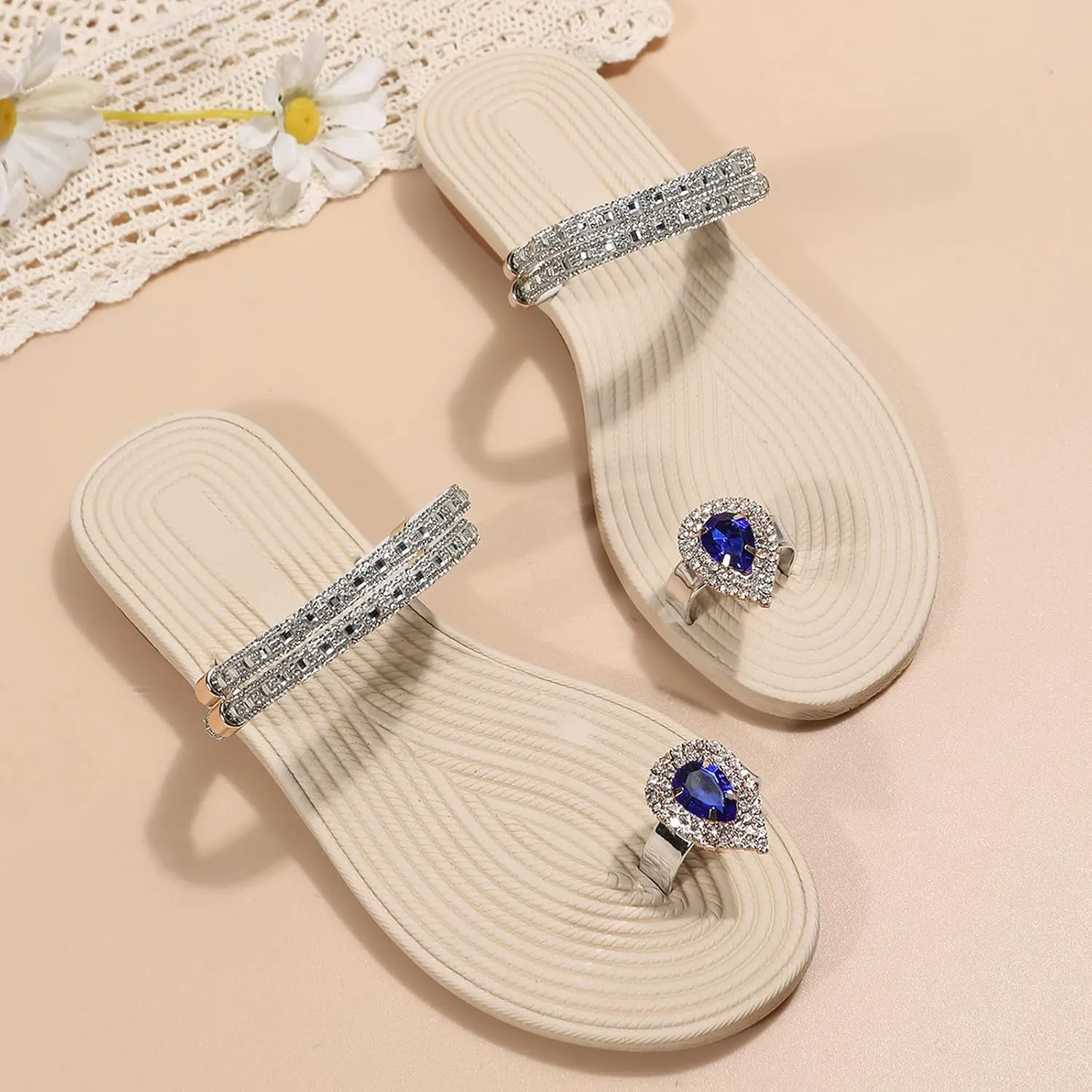 Eduavar Womens Wedge Sandals, Sandals for Women Dressy Rhinestone Flat Sandals Comfortable Ring Toe Slippers