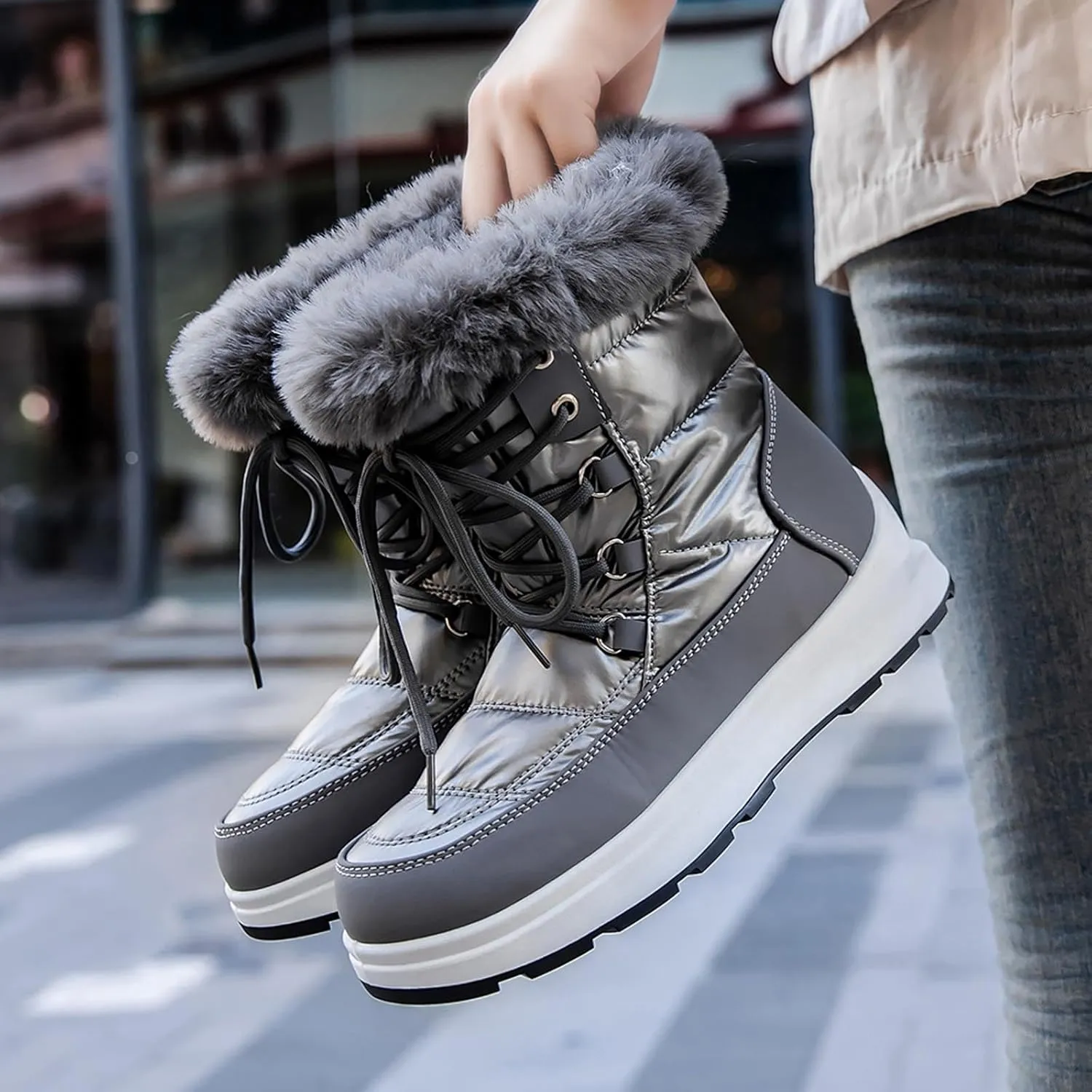 Fashion Women Winter Water Proof Flat Lace Up Keep Warm Snow Boots Comfortable Mid Boots Shoes Flat Snow Boots for Women