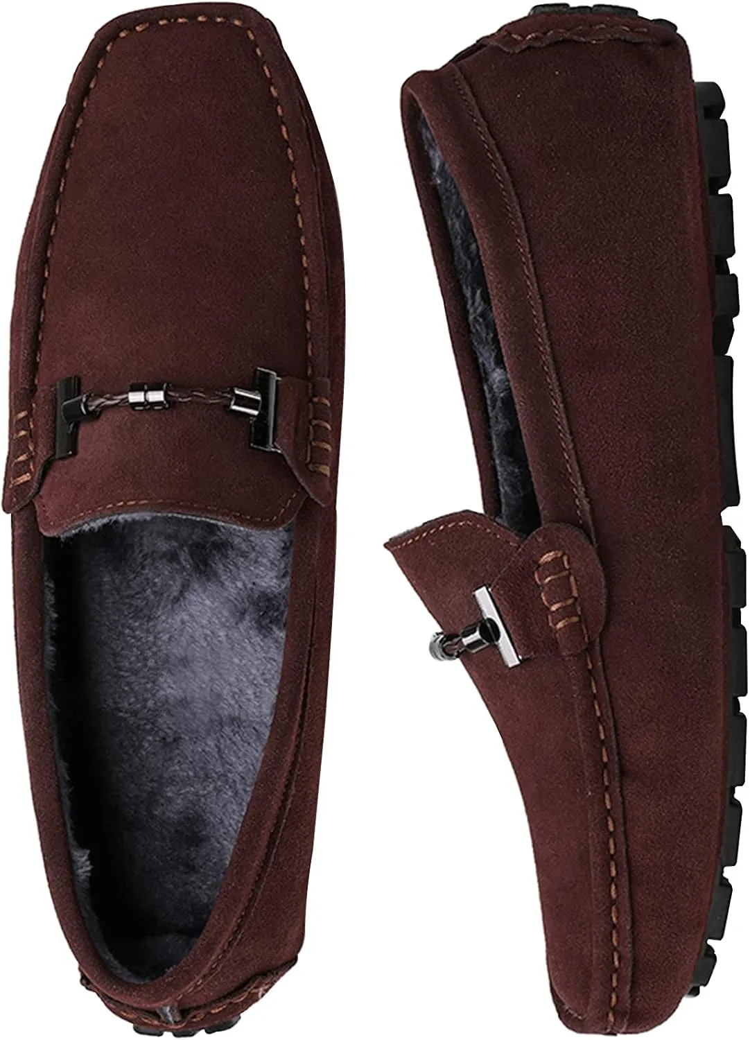 Fur Slippers Suede Leather Moccasin for Men Flat Loafer Casual Driving Slip On Winter Shoes