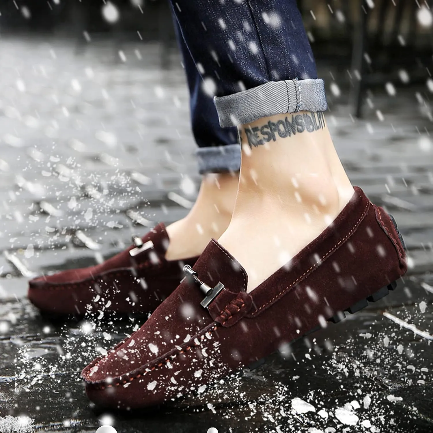 Fur Slippers Suede Leather Moccasin for Men Flat Loafer Casual Driving Slip On Winter Shoes
