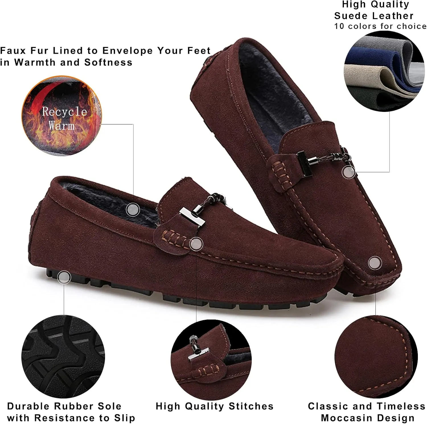 Fur Slippers Suede Leather Moccasin for Men Flat Loafer Casual Driving Slip On Winter Shoes