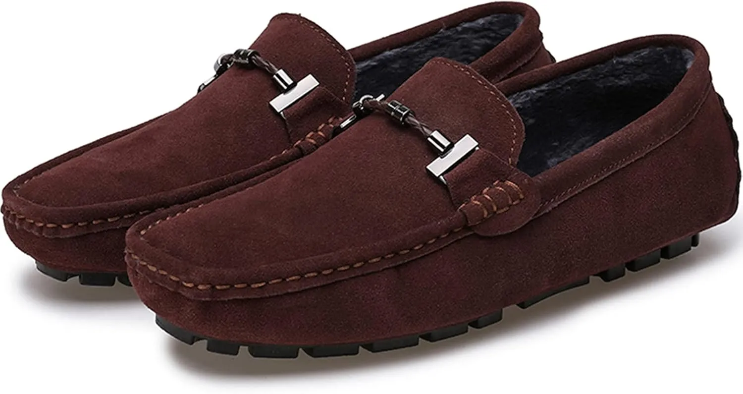 Fur Slippers Suede Leather Moccasin for Men Flat Loafer Casual Driving Slip On Winter Shoes