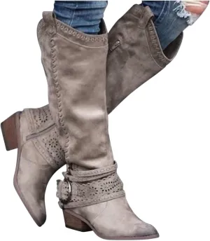 Gibobby Boots for Womens Mid Knee High Boots Chunky Heel Wide Calf Side Zip Fashion Winter Cowboy Booties