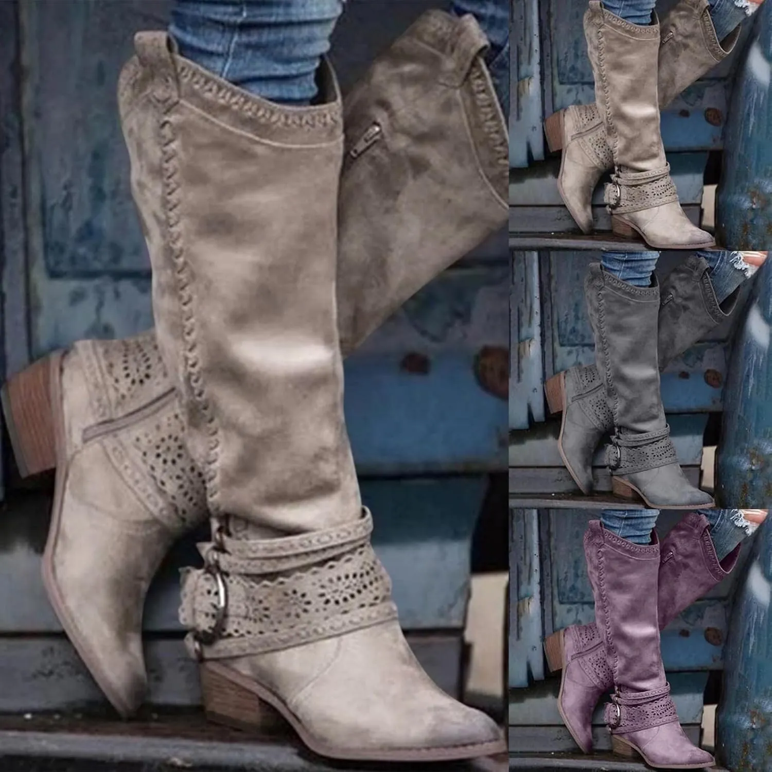 Gibobby Boots for Womens Mid Knee High Boots Chunky Heel Wide Calf Side Zip Fashion Winter Cowboy Booties