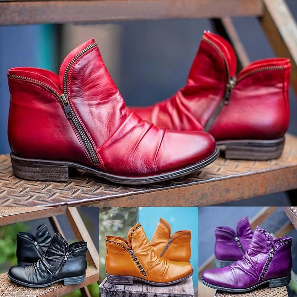 Gibobby Snow Boots for Women Low Heel Boots Pointed Toe Stacked Mid Heel Ankle Boots V Cut Back Zipper Booties
