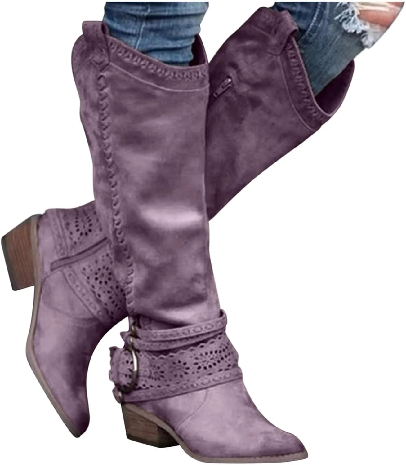 Gibobby Snow Boots for Women Mid Knee High Boots Chunky Heel Wide Calf Side Zip Fashion Winter Cowboy Booties