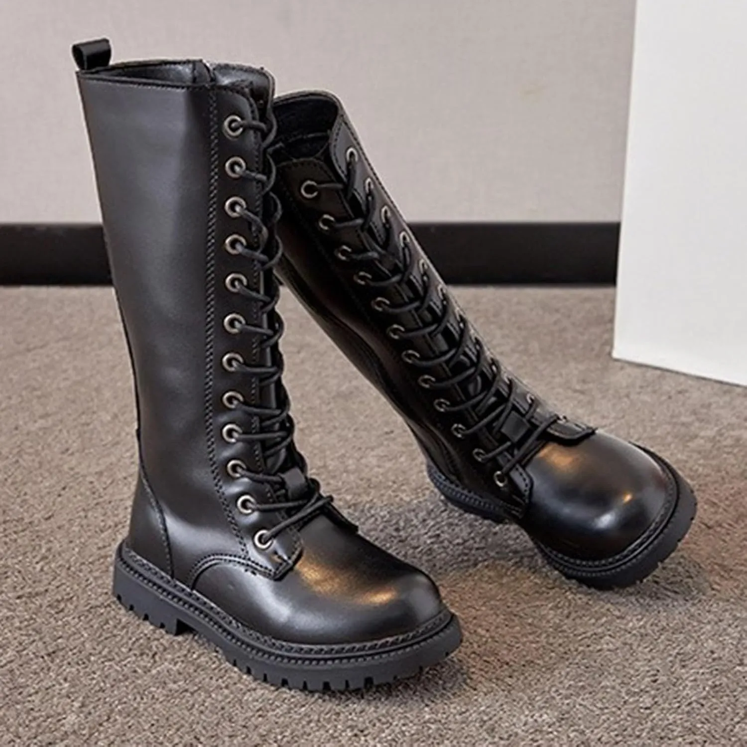 Girls Boots Lace Up Mid Calf Boots Fashion Faux Leather Boots Breathable Cowgirl Boots Cute Dress Shoes for Girls