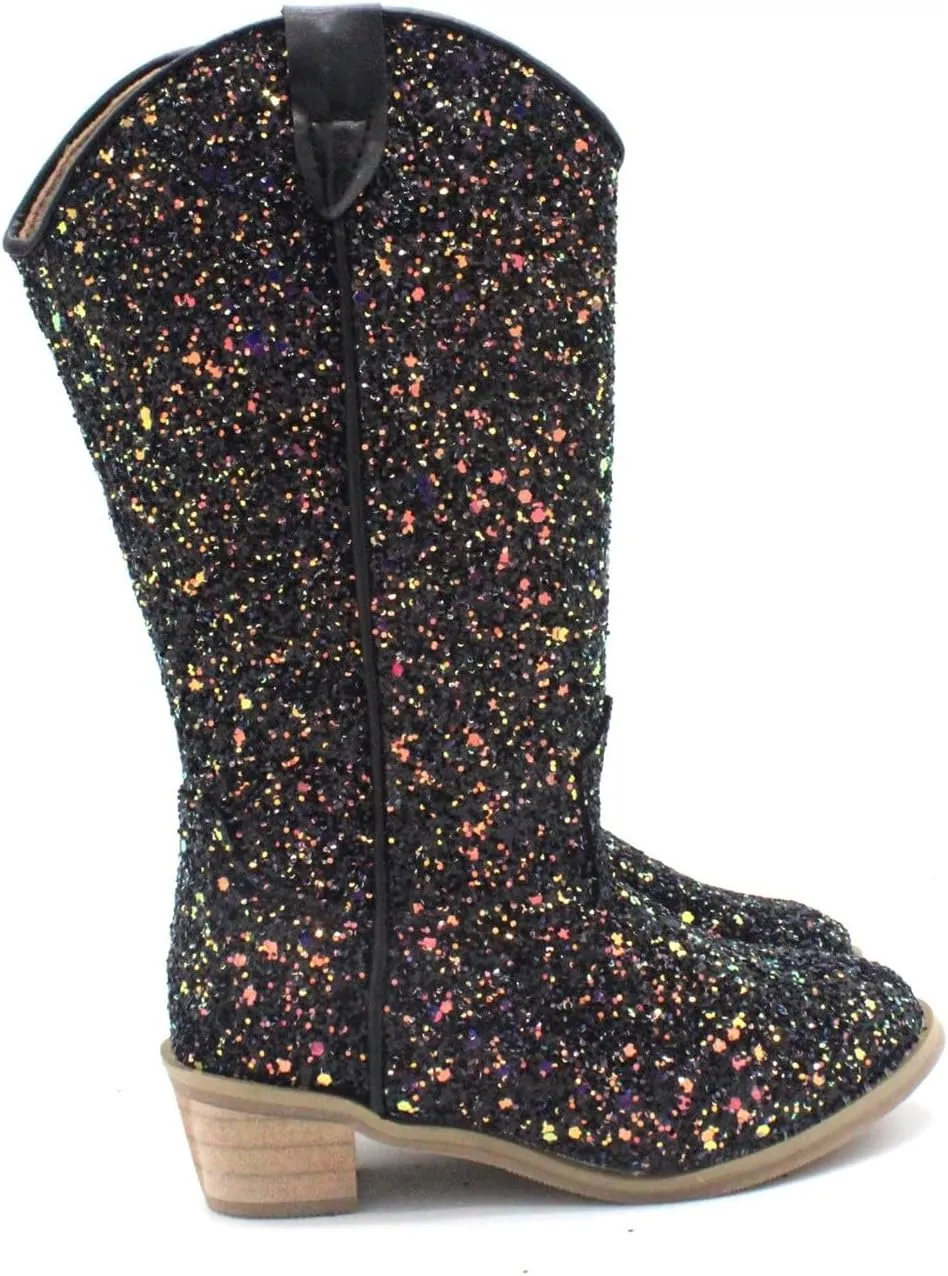 Girls Cowboy Sparkly Boots Pull On Non Slip Boots Pointed Toe Mid Calf Western Low Heels Boots for Little Kid Big Kid
