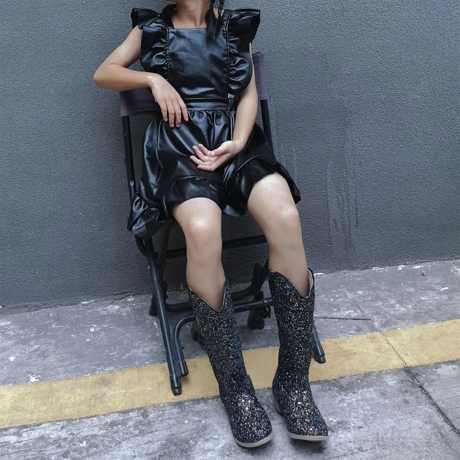 Girls Cowboy Sparkly Boots Pull On Non Slip Boots Pointed Toe Mid Calf Western Low Heels Boots for Little Kid Big Kid