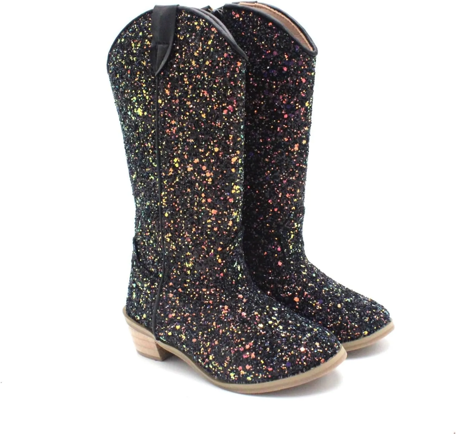 Girls Cowboy Sparkly Boots Pull On Non Slip Boots Pointed Toe Mid Calf Western Low Heels Boots for Little Kid Big Kid