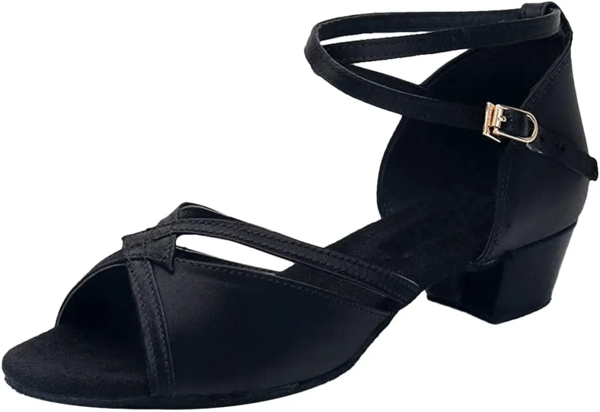 Girls Latin Dance Shoes Low Heels Ballroom Tango Performance Practice Dance Shoes for Little Kids,Tan Shoes