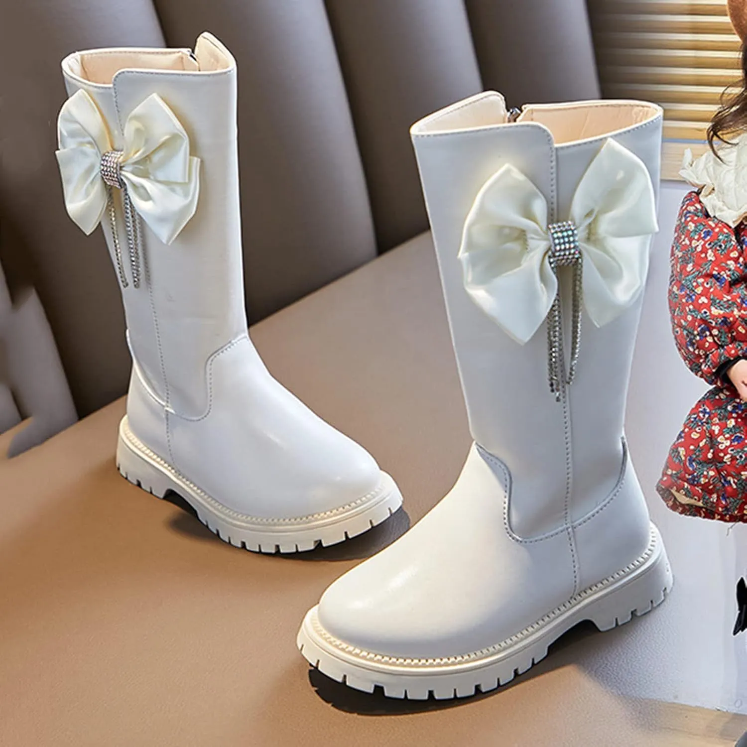 Girls Mid Calf Boots Kids Side Zipper Chunky Bottom Low Heels Thermal Warmth High Boots with Bowknot for Fall Winter