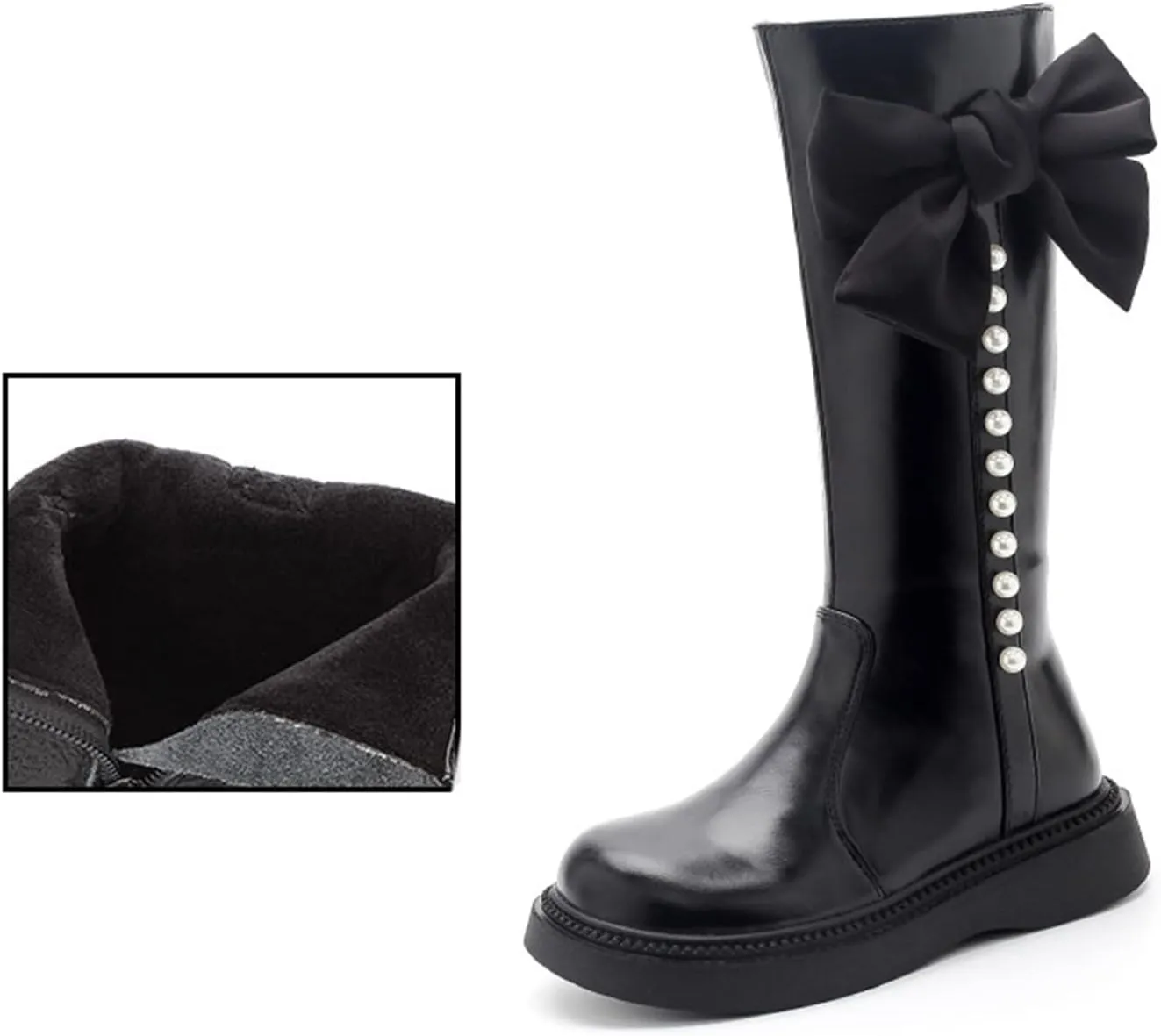 Girls Mid Calf Boots Kids Side Zipper Chunky Bottom Low Heels W??terproof High Boots with Bowknot for Fall Winter
