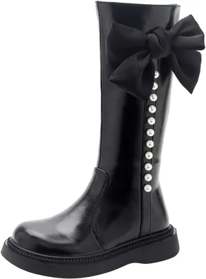 Girls Mid Calf Boots Kids Side Zipper Chunky Bottom Low Heels W??terproof High Boots with Bowknot for Fall Winter