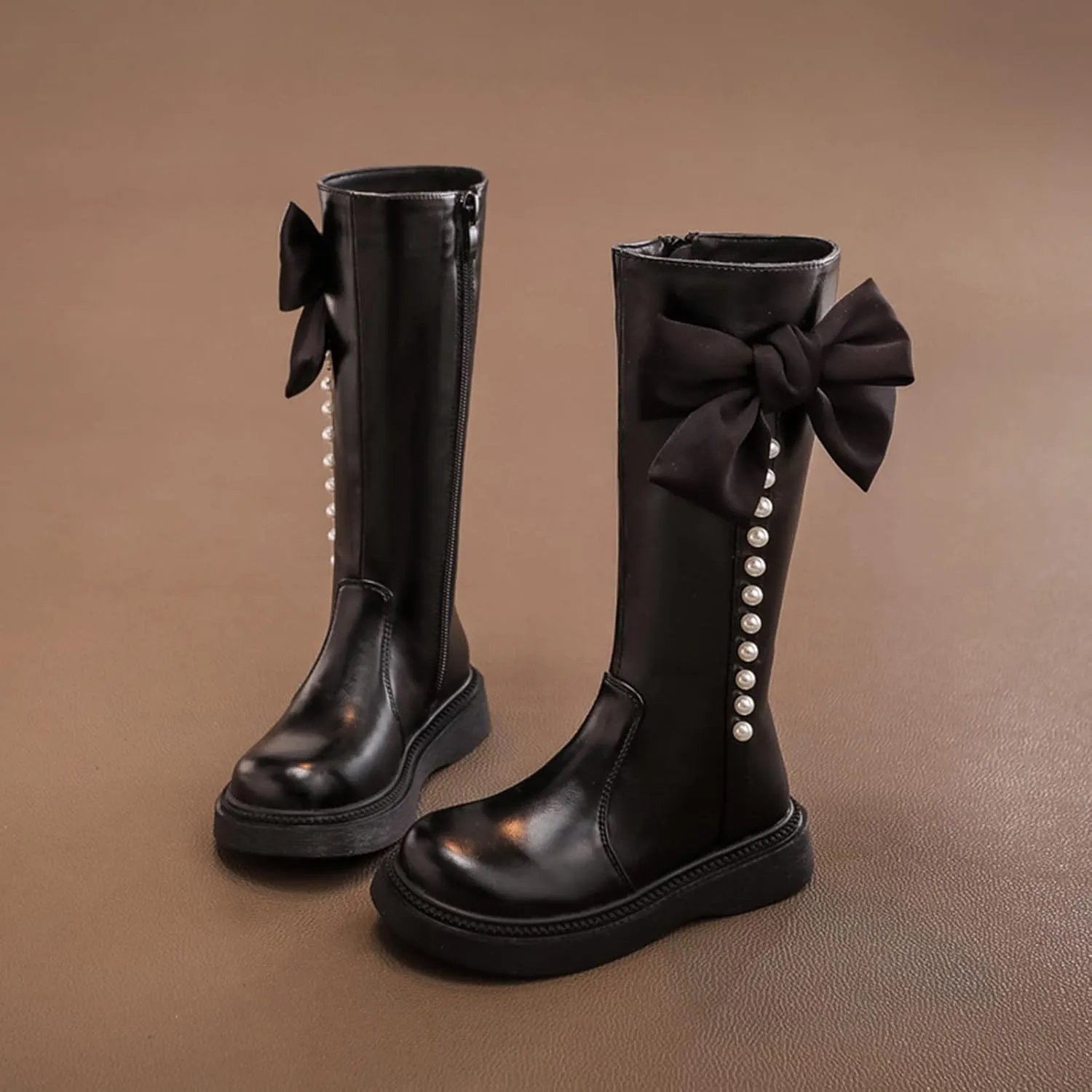 Girls Mid Calf Boots Kids Side Zipper Chunky Bottom Low Heels W??terproof High Boots with Bowknot for Fall Winter