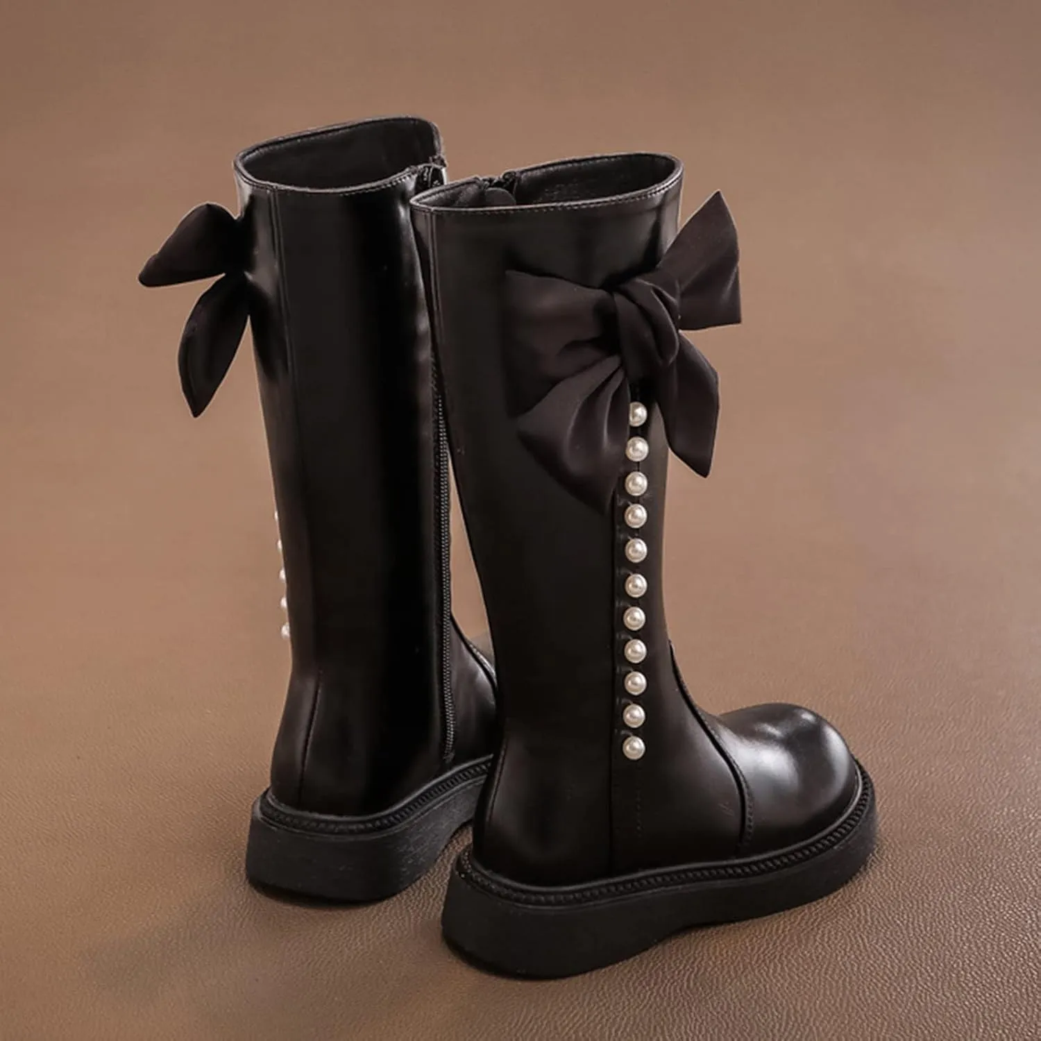 Girls Mid Calf Boots Kids Side Zipper Chunky Bottom Low Heels W??terproof High Boots with Bowknot for Fall Winter