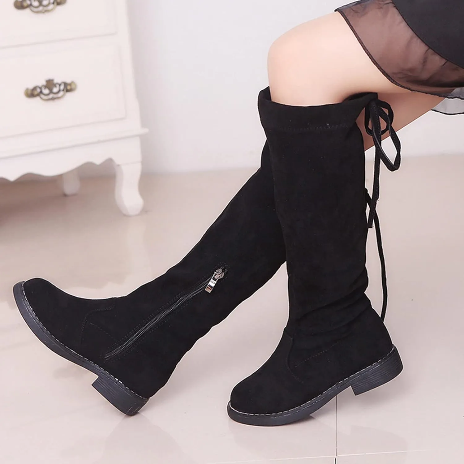 Girls Over The Knee Boots Thigh High Chunky Black Faux Lined Low Heel Boots Long Stretch Fall Winter Pointed Boots