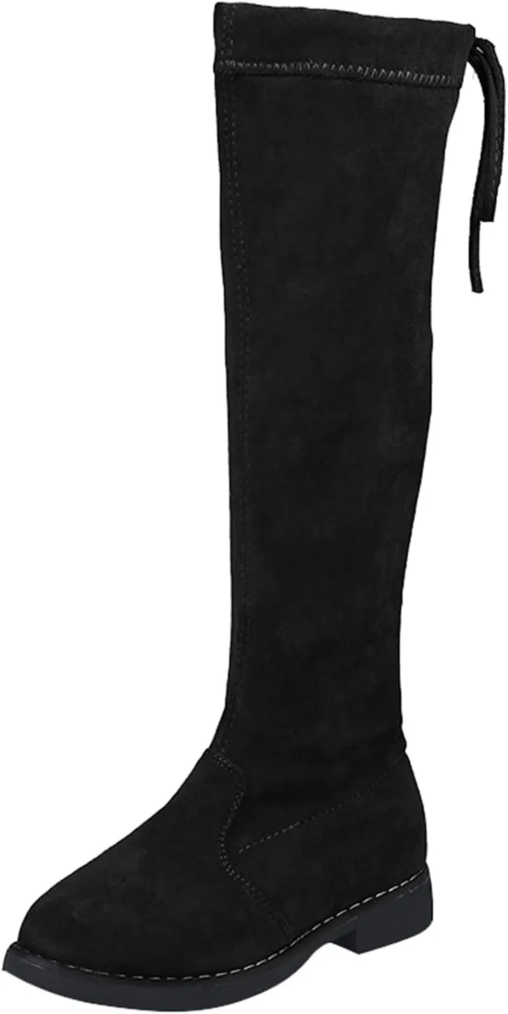 Girls Over The Knee Boots Thigh High Chunky Black Faux Lined Low Heel Boots Long Stretch Fall Winter Pointed Boots