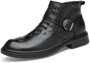 HOOENG Chelsea Boots for Men Crocodile Print with Buckle Genuine Leather Non Slip on Waterproof Wearable Anti-Slip Formal Dress (Color : Black Lined, Size : 11)