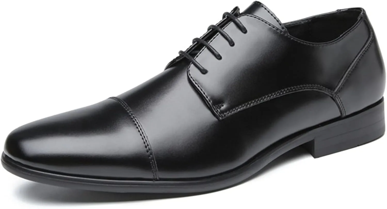 HOOENG Dress Oxford for Men Lace Up Burnished Toe Cap Toe Derby Shoes Vegan Leather Slip Resistant Rubber Sole Low Top Block Heel Business