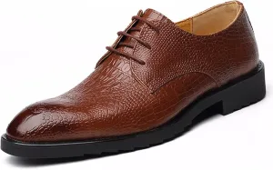 HOOENG Dress Oxford Shoes for Men Lace Up Crocodile Embossed Burnish Round Toe Vegan Leather Block Heel Anti-Slip Slip Resistant Low Top Party (Color : Brown, Size : 10)
