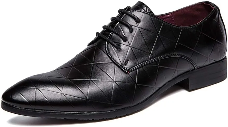 HOOENG Formal Shoes for Men Lace Up Plaid Burnished Toe Derby Shoes Vegan Leather Low Top Rubber Sole Slip Resistant Party