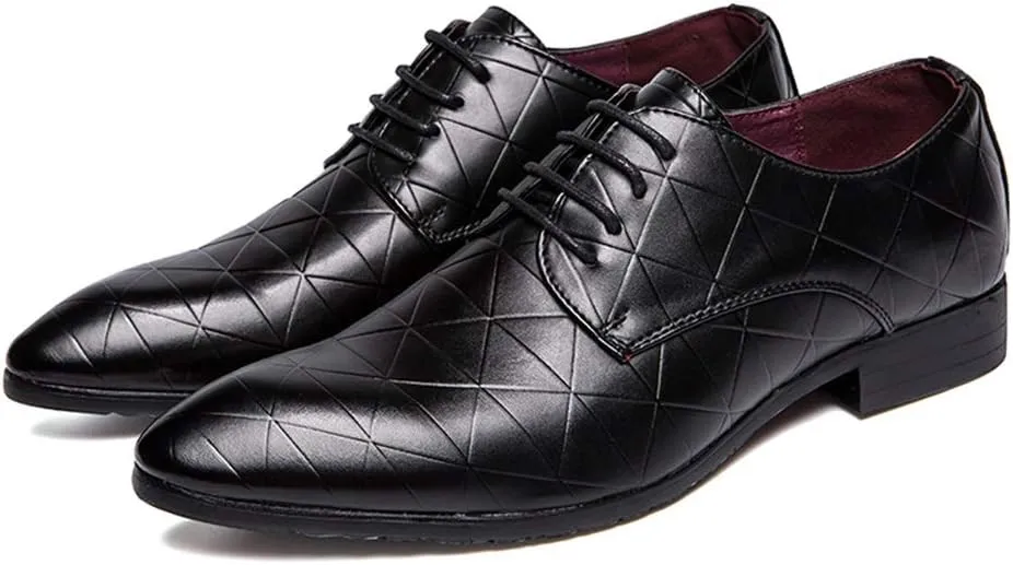 HOOENG Formal Shoes for Men Lace Up Plaid Burnished Toe Derby Shoes Vegan Leather Low Top Rubber Sole Slip Resistant Party