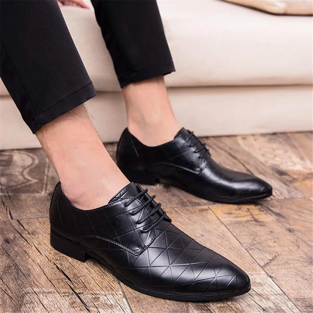 HOOENG Formal Shoes for Men Lace Up Plaid Burnished Toe Derby Shoes Vegan Leather Low Top Rubber Sole Slip Resistant Party