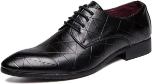 HOOENG Formal Shoes for Men Lace Up Plaid Burnished Toe Derby Shoes Vegan Leather Low Top Rubber Sole Slip Resistant Party