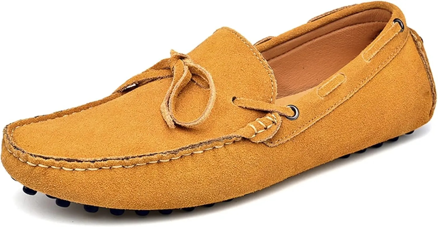 HOOENG Loafer Shoes for Men Deck Shoes 1-Eye Genuine Leather Stitching Details Suede Vamp Flat Heel Flexible Lightweight Resistant Casual Slip on (Color : Khaki, Size : 11.5)