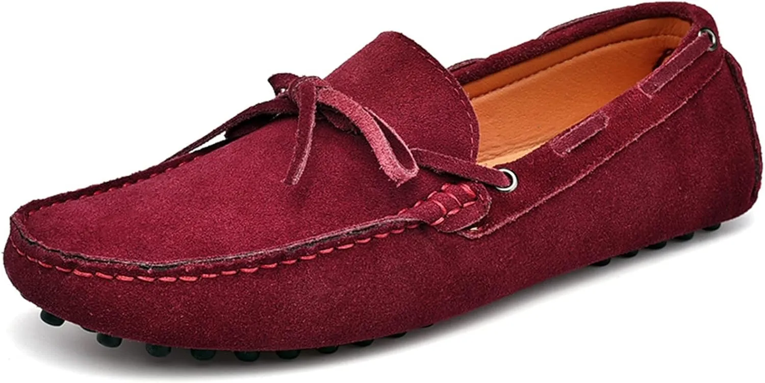 HOOENG Loafer Shoes for Men Deck Shoes 1-Eye Genuine Leather Stitching Details Suede Vamp Flat Heel Flexible Lightweight Resistant Casual Slip on (Color : Wine Red, Size : 11)