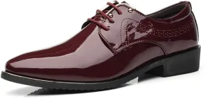 HOOENG Oxford Dress Shoes for Men Lace Up Snip Toe Patent Leather Derby Shoes Vegan Leather Slip Resistant Rubber Sole Non Slip Anti-Slip Party (Color : Wine red, Size : 8)