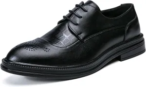HOOENG Oxford Shoes for Men Lace Up Brogue Embossed Burnished Round Toe Vegan Leather Slip Resistant Rubber Sole Anti-Slip Low Top Business (Color : Black, Size : 8)