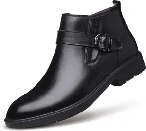 HOOENG Round Toe Ankle Boots for Men Cowhide Gumshoe Wedge Sole Bout Toe Buckle on Non Slip Anti-Slip Wearable Waterproof Formal Work (Color : Black, Size : 9)