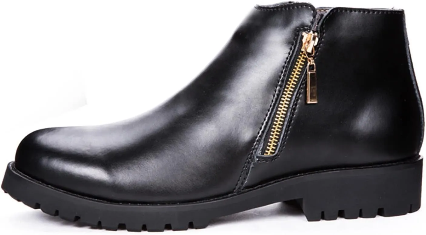 HOOENG Round Toe Ankle Boots for Men Double Side Zip Burnished Toe PU Slip on Waterproof Wearable Anti-Slip Non Slip Work Dress
