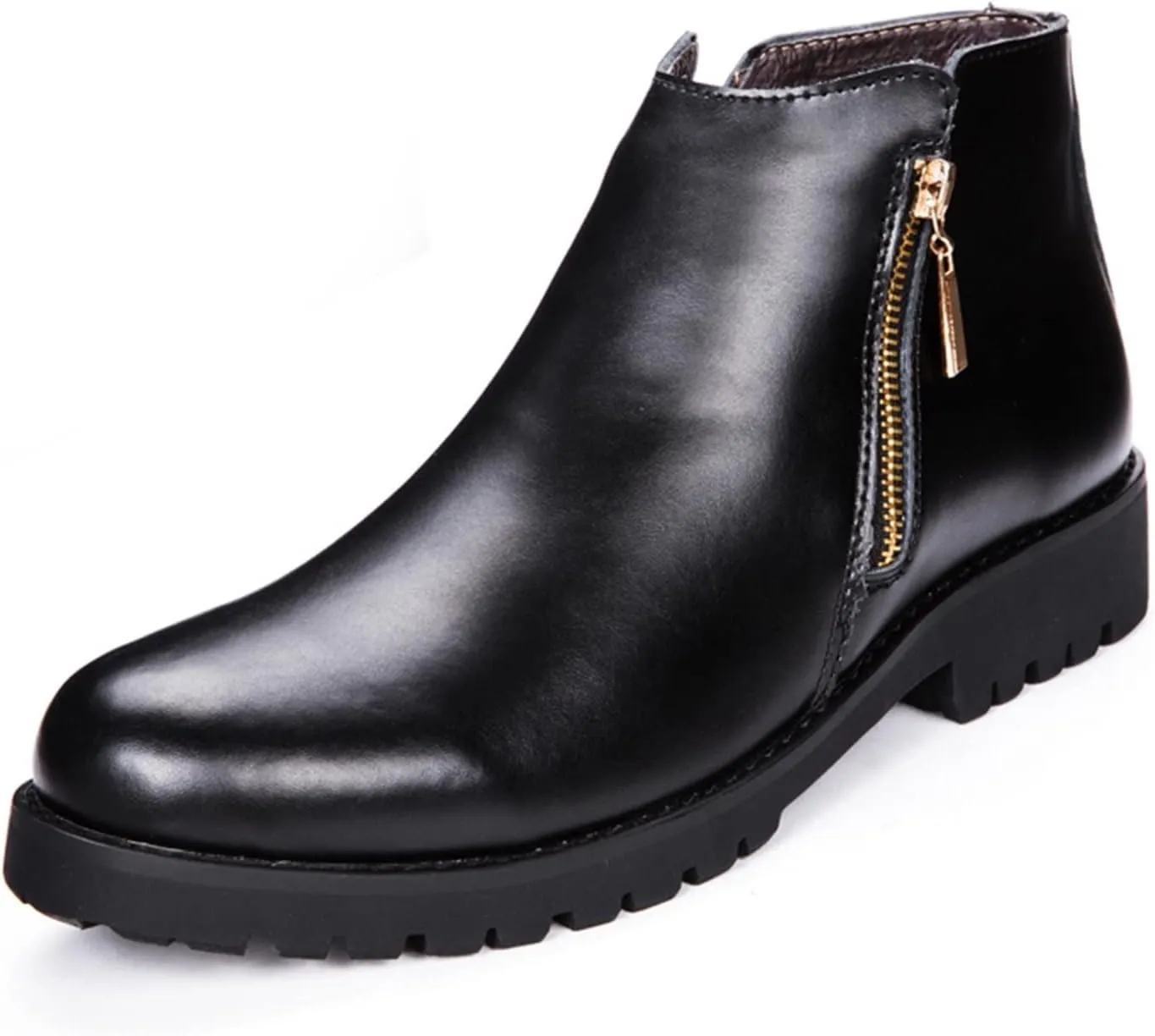 HOOENG Round Toe Ankle Boots for Men Double Side Zip Burnished Toe PU Slip on Waterproof Wearable Anti-Slip Non Slip Work Dress