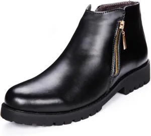 HOOENG Round Toe Ankle Boots for Men Double Side Zip Burnished Toe PU Slip on Waterproof Wearable Anti-Slip Non Slip Work Dress