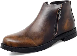 HOOENG Round Toe Ankle Boots for Men Double Side Zip Retro Cowhide Leather Slip on Waterproof Wearable Non Slip Work Fashion (Color : Brown, Size : 6.5)