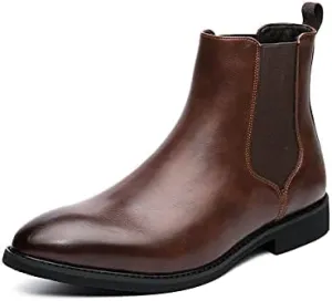 HOOENG Round Toe Ankle Boots for Men Elastic Bandage PU Slip on Wearable Waterproof Anti-Slip Casual Work (Color : Brown Lined, Size : 10.5)