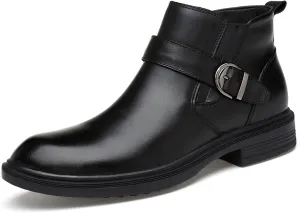 HOOENG Round Toe Ankle Boots for Men with Buckle with Zipper Genuine Leather Anti-Slip Wearable Slip on Waterproof Work (Color : Black, Size : 8)