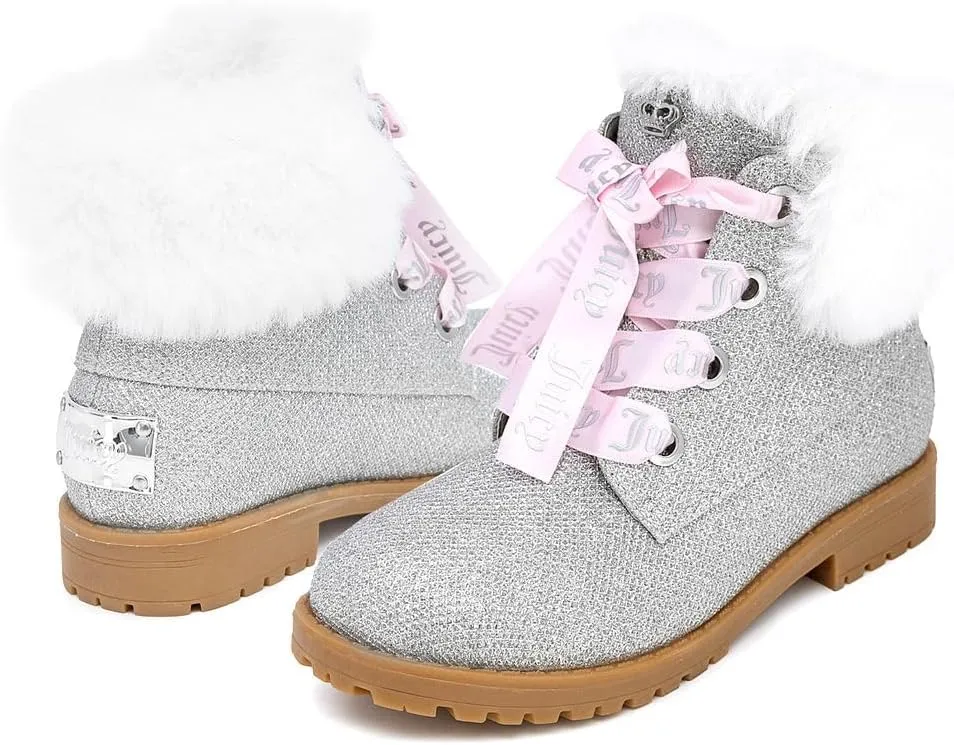 Juicy Couture Girls?? Glitter Booties ?C Sparkly Faux Fur Chukka Boots with Lace-Up Closure, Winter Ankle Boots for Toddler/Little/Big Kids