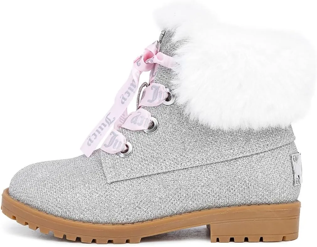 Juicy Couture Girls?? Glitter Booties ?C Sparkly Faux Fur Chukka Boots with Lace-Up Closure, Winter Ankle Boots for Toddler/Little/Big Kids