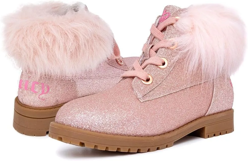 Juicy Couture Girls?? Glitter Booties ?C Sparkly Faux Fur Chukka Boots with Lace-Up Closure, Winter Ankle Boots for Toddler/Little/Big Kids