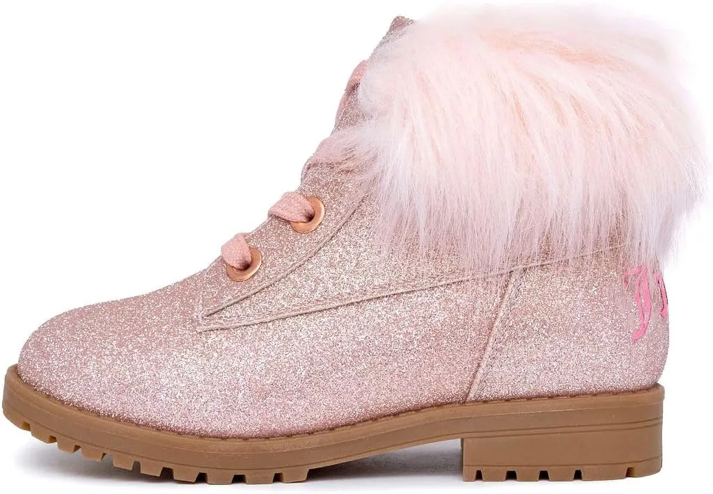 Juicy Couture Girls?? Glitter Booties ?C Sparkly Faux Fur Chukka Boots with Lace-Up Closure, Winter Ankle Boots for Toddler/Little/Big Kids