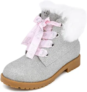 Juicy Couture Girls?? Glitter Booties ?C Sparkly Faux Fur Chukka Boots with Lace-Up Closure, Winter Ankle Boots for Toddler/Little/Big Kids