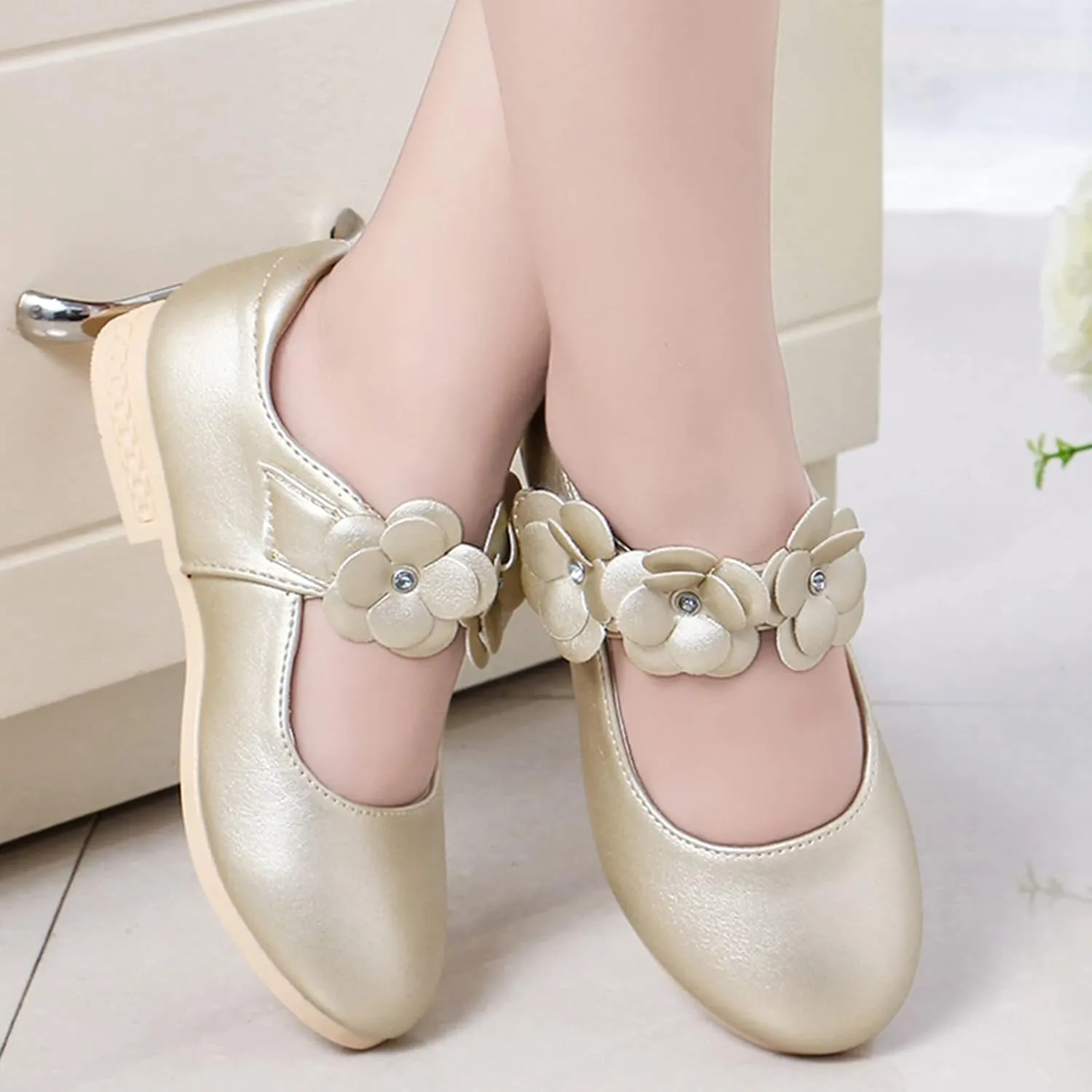 Kids Girls Children Loafers Dancing Performance Shoes Leather Bowknot Flowers Decoration Shoes Princess Single