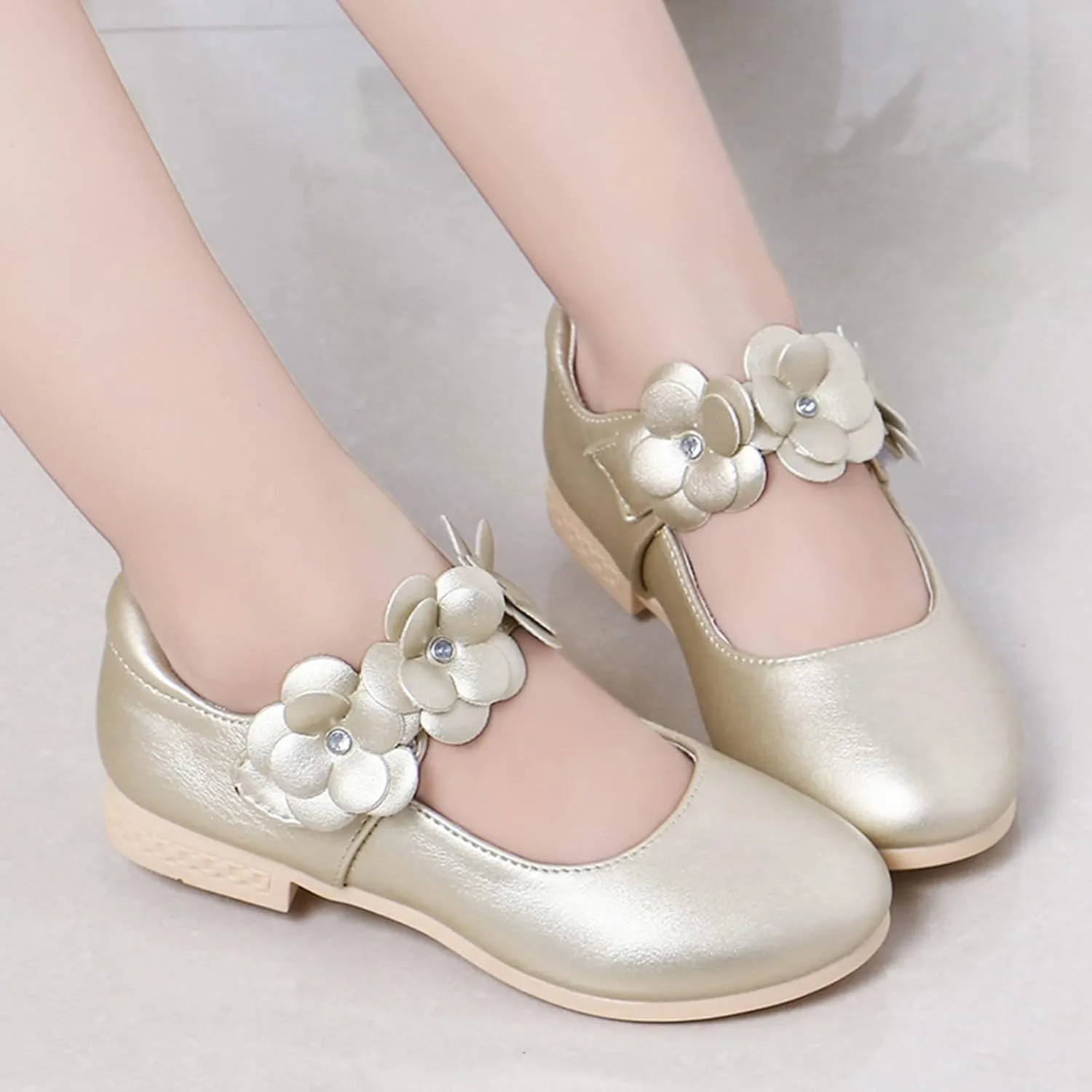Kids Girls Children Loafers Dancing Performance Shoes Leather Bowknot Flowers Decoration Shoes Princess Single