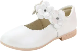 Kids Girls Children Loafers Dancing Performance Shoes Leather Bowknot Flowers Decoration (White, 10.5 Little Child)